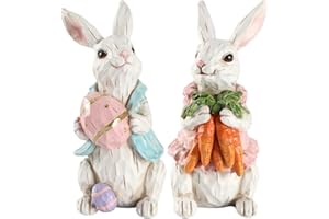 GoGnome Easter Bunny Figurines Set of 2 - Easter Decortions Hand-Painted Resin Rabbit Decorations with Carrots and Easter Egg (White)