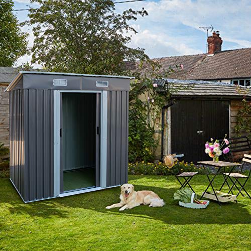BAHOM Horizontal Outdoor Storage Shed 4X6 FT, Lockable Organizer for Garden, Patio, Backyard Tools and Accessories, Grey