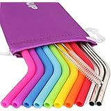 REGULAR SIZE Reusable Straws for 30 oz Tumbler & Stainless Steel Straws Bundle - 8 Silicone Straws + 2 Brushes + 2 Metal Straws - Reusable Straws Extra Long + 1 Storage Pouch