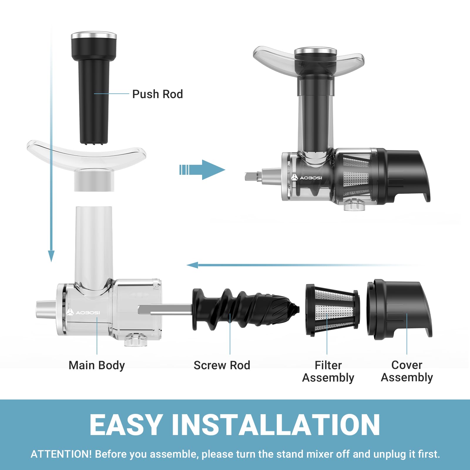 Masticating Juicer Attachment for All Model KitchenAid Stand Mixer, AAOBOSI Cold Press Juicer Attachment w/Clean Brush,as Kitchen Aid Aid Slow Juice Attachment and Accessories(Black)