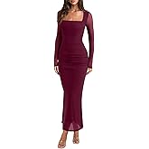 REORIA Long Sleeve Wedding Guest Maxi Dresses for Women Sheer Mesh Square Neck Ruched Bodycon Long Dress 2026 Spring Outfits