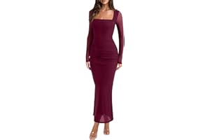 REORIA Long Sleeve Wedding Guest Maxi Dresses for Women Sheer Mesh Square Neck Ruched Bodycon Long Dress 2025 Fall Outfits