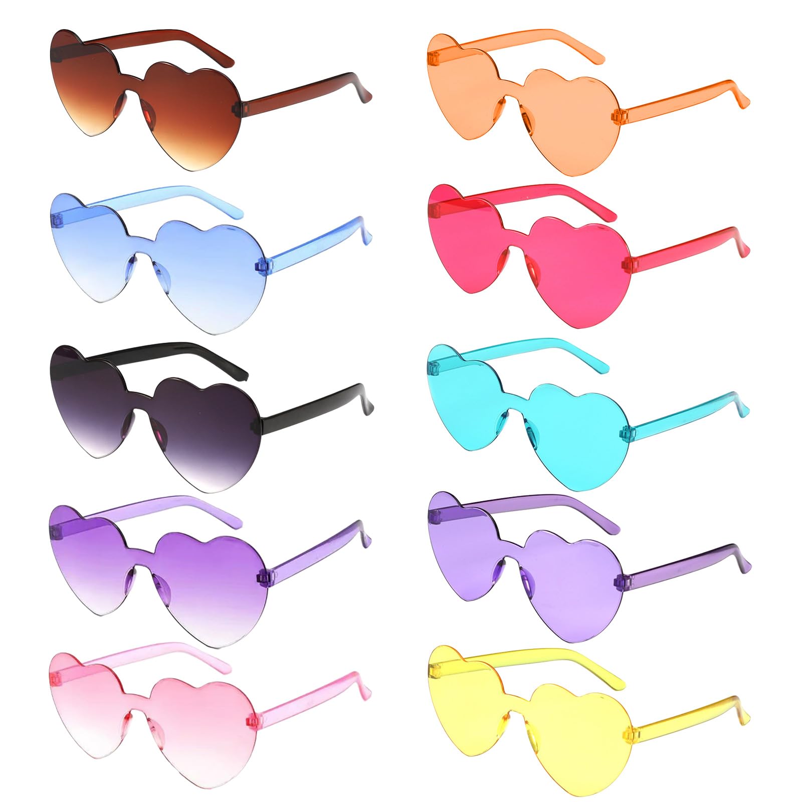 BOZILY 10 Pcs Heart Sunglasses Rimless Rave Glasses Retro Round Sunglasses Multipack Heart Shaped Glasses for Adults and Kids