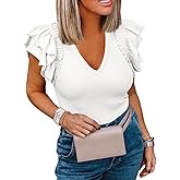 Womens Ruffle Tank Tops Summer Dressy Casual V Neck Slim Fit Ribbed Knit Sleeveless Shirts
