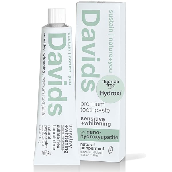 DAVIDS HYDROXI FLUORIDE FREE NANO HYDROXYAPATITE TOOTHPASTE FOR REMINERALIZING ENAMEL & SENSITIVE RELIEF, WHITENING, ANTIPLAQUE, SLS FREE, NATURAL PEPPERMINT, 5.25OZ, MADE IN USA