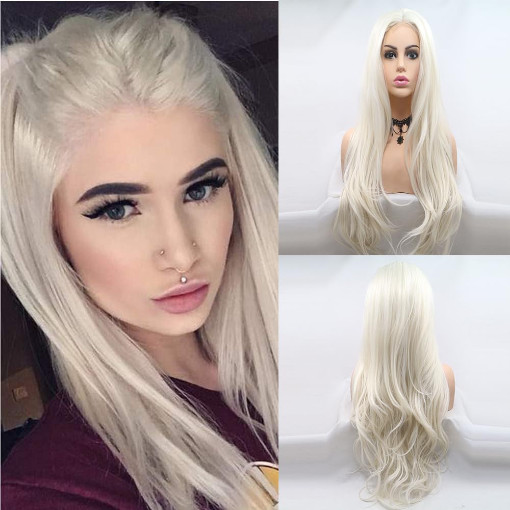 Xiweiya Platinum Blonde Lace Wigs Long Body Wave Hair White Blonde U Part 4x1 Lace Wig Heat Resistant Fiber Wig High Density Hair-reparement for women 24inch