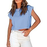 Tankaneo Womens Short Sleeve Cropped T-Shirts Summer Rolled Dolman Sleeve Crop Tops Casual Round Neck Solid Short Basic Tees