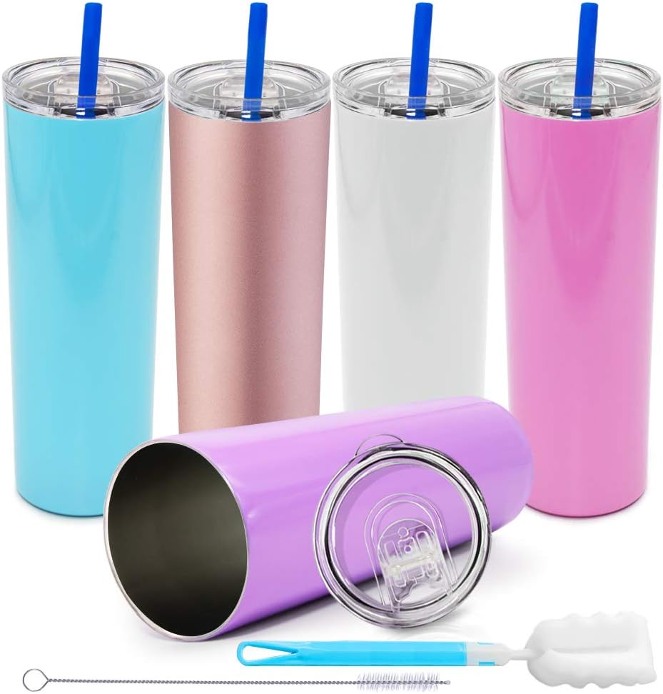 Slim Tumblers with Lids and Straws, 20oz Stainless Steel Double Vacuum