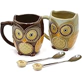 SQOWL 3D Coffee Mug Cute Set of 2 Owl Ceramic Coffee Mugs with spoons Office Tea Cups for Women Men 12 oz Cyan and Brown