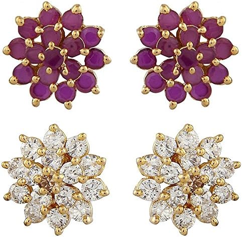 Sapna FX American Diamond CZ Fashion Earrings Ruby and White Combo for Women and Girls - 9122 9123 Combo