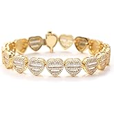 Lulu Mel Iced Out 12mm Heart Bracelet Baguette Diamond Bracelet For Women, Hip Hop Mens Full CZ 14K Gold Plated Chain Bracelet Rapper Chains With Jewelry Box