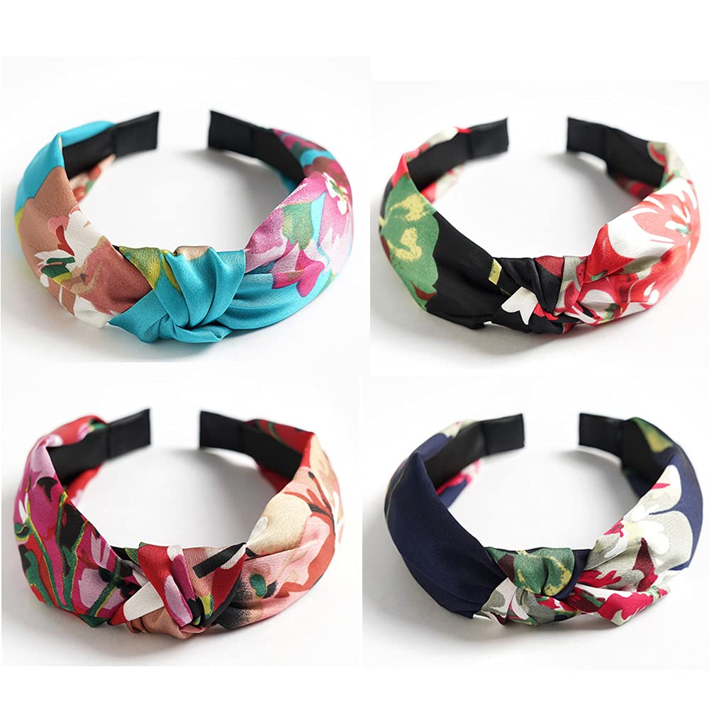 Flower print headband for Women Knotted Alice Band Crinkle Twist Front Hair Hoops Wide Headdress fits for Girls Lady Hair Accessories