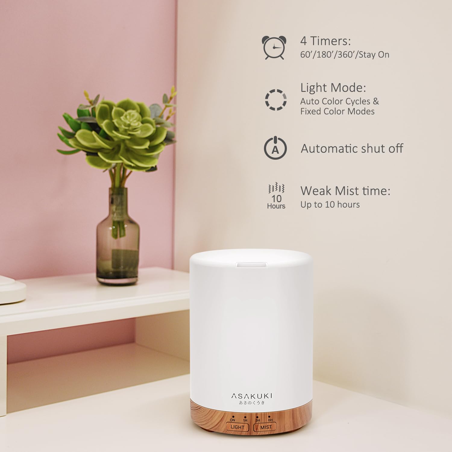 ASAKUKI 300ML Essential Oil Diffuser, Quiet 5-in-1 Premium Humidifier, Home Fragrance Aroma Diffuser with 7 LED Color Changing Light and Auto-Off Switch -Light Brown