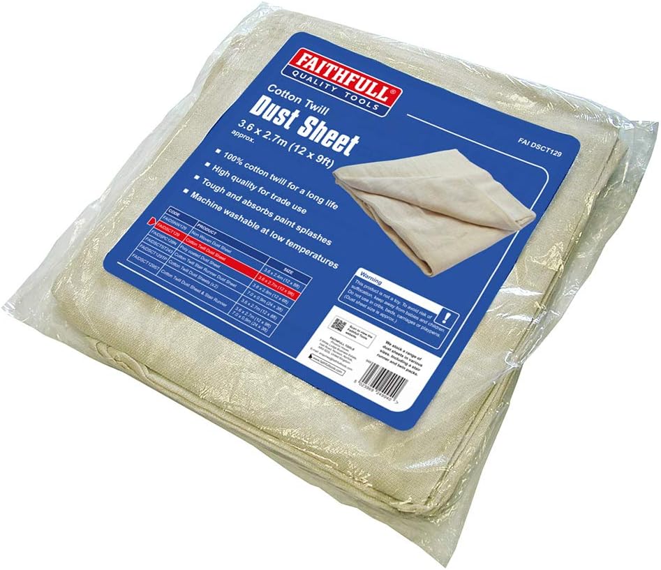Faithfull Cotton Twill Dust Sheet 3.6m x 2.7m (12ft x 9ft), 100% Cotton Reusable Dust Cover