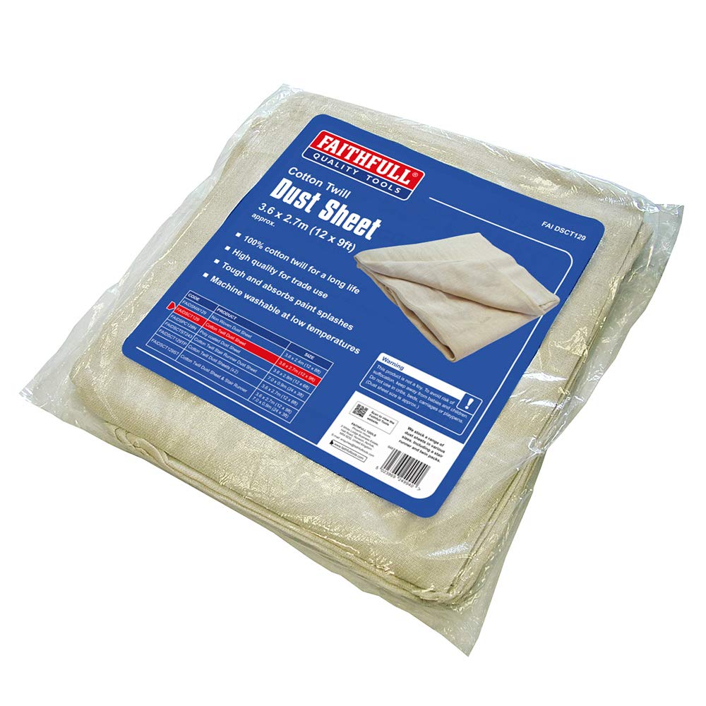 Faithfull Cotton Twill Dust Sheet 3.6m x 2.7m (12ft x 9ft) – 100% Cotton Reusable Dust Cover, Absorbent & Machine Washable Floor & Furniture Protection for Painting & Decorating