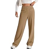 EVALESS Womens High Waist Button Stretchy Work Pants Straight Leg Office Dress Pant Business Casual Trousers with Pocket