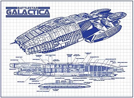 Inked and Screened SP_SYFI WG_24 Sci-Fi and Fantasy Battlestar Galactica Spaceship Print, White Grid-Blue Ink, 18" x 24"