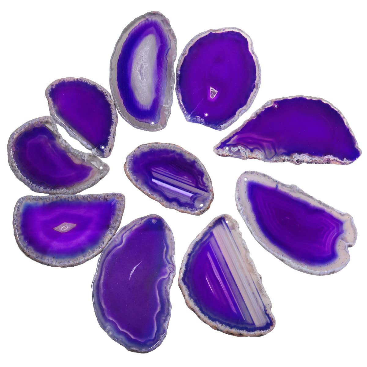 Nupuyai 10pcs Purple Top Drilled Agate Slices, Irregular Polished Geode Agate Stone Pendant for Jewellery Making DIY Artwork, Slab Name Place Cards Set