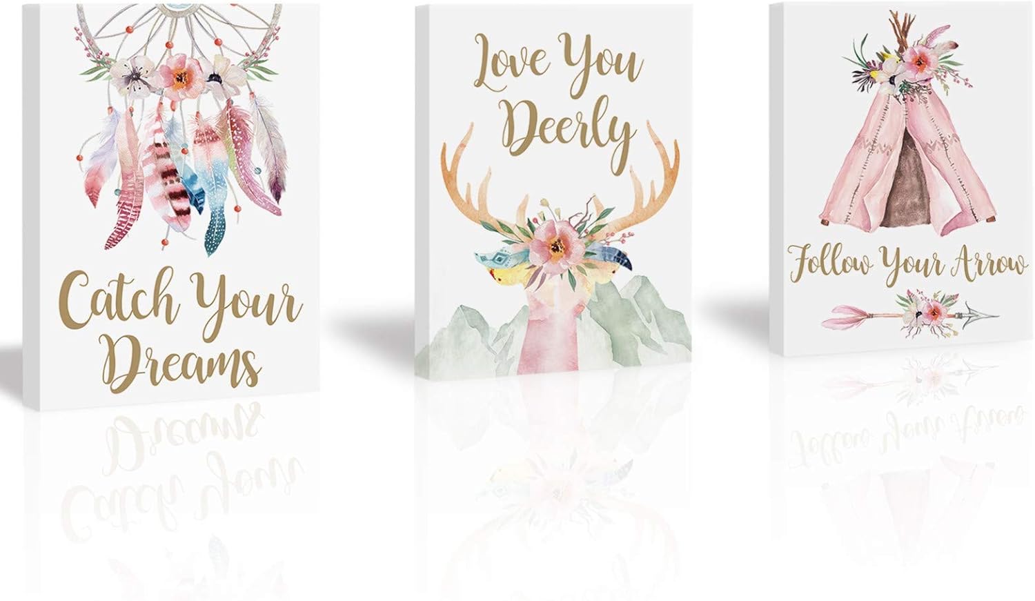 KAIRNE Framed Boho Floral Feather Art Print,Tribal Girls Pink Flowers Wall Art Set of 3(30X40CM) Watercolor Inspirational Words Artwork Print On Wrapped Canvas for Girl’s Bedroom Decor