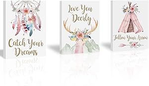 KAIRNE Framed Boho Floral Feather Art Print,Tribal Girls Pink Flowers Wall Art Set of 3(30X40CM) Watercolor Inspirational Words Artwork Print On Wrapped Canvas for Girl’s Bedroom Decor