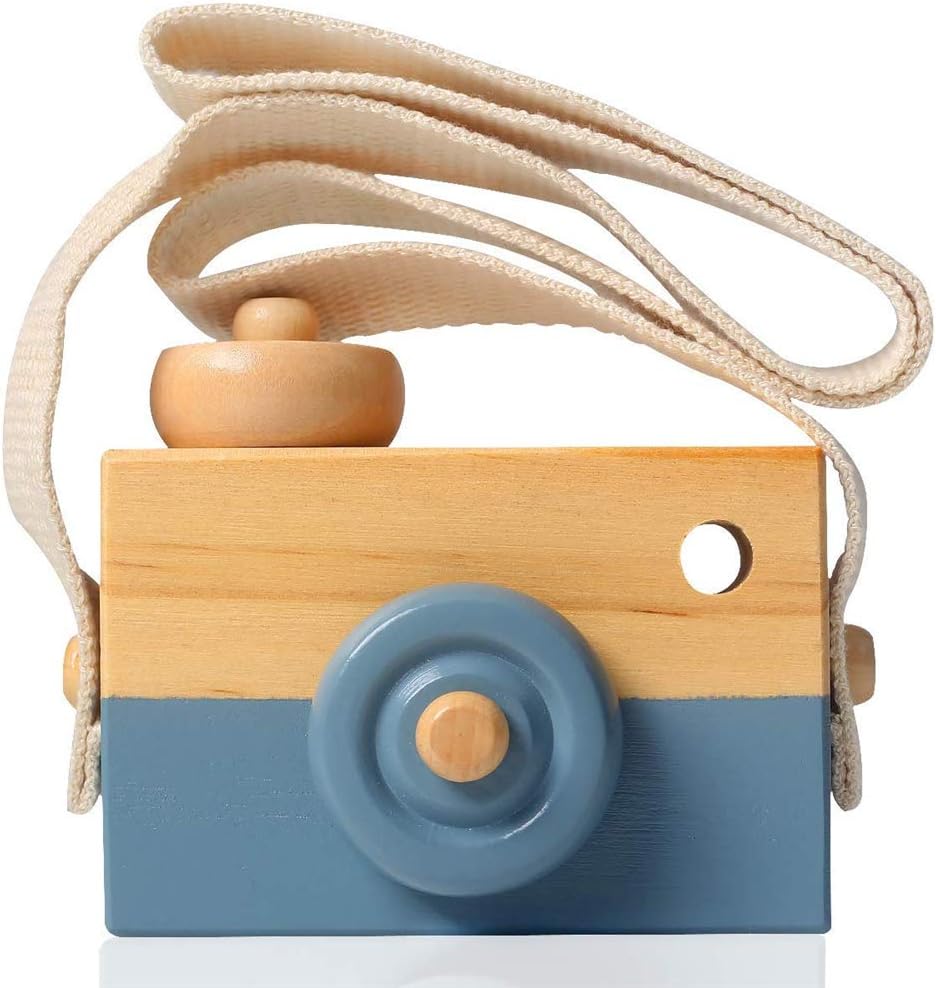 Oyria Kids Wooden Mini Camera Toy, Natural Cute Wood Camera Sharpe Toy with Neck Strap Kids' Room Hanging Decor for Baby Toddlers Children,Blue