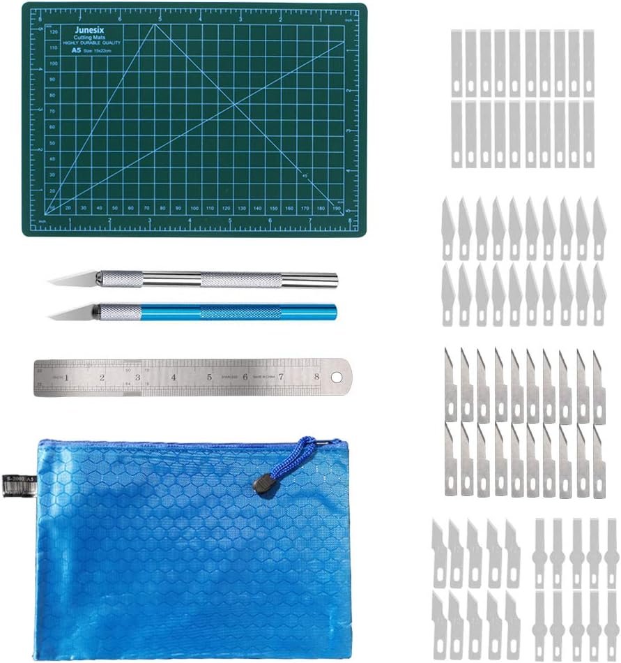 85Pcs Exacto Knife Precision Craft Knife Hobby Art Knife Set with 80 PCS Carving Blades、PVC Cutting Board、2 Handles、Steel Ruler and A Zipper Bag