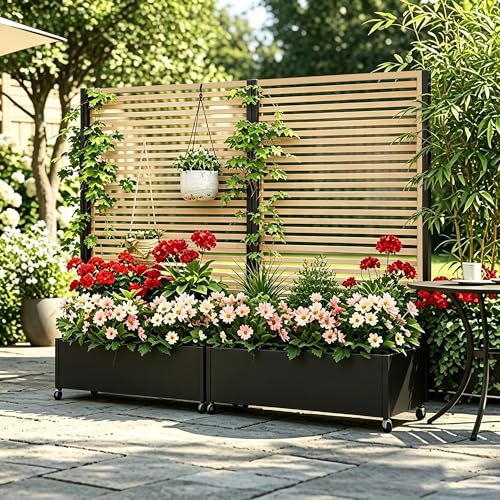 Pflanzkasten aus Metall für den Außenbereich mit Spalier, Hochbeet aus Metall mit Rad, freistehender Sichtschutz-Pflanzkasten für Blumen, Gemüse im Ga
