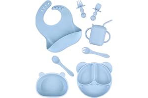 OFUN 8 Pack Silicone Toddler Feeding Set, Baby Led Weaning Supplies with Adjustable Bib, Divided Suction Plate, Bowl and a Sippy Cup, with 2 Spoon, 2 Folk, Eating Utensil for 6+ Months, Blue