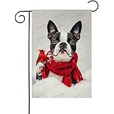 HILILIAN Winter Garden Flags,Funny Boston-Terrier-Dog Flags Cardinal House Flags 12 x 18 Inch Outdoor Christmas Flags for Christmas Garden Decoration(12193)