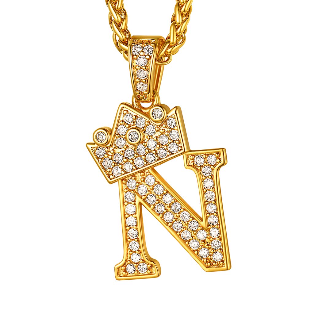 Suplight Initial Hip Hop Chain Rapper Pendant, Bling Alphabet Name Jewelry A-Z, Cubic Zirconia King Crown Chain Pendant Gold Tennis Necklace with Letter Pendant N for Mens and Womens โ image 1