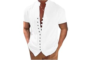 GENERIC Mens Casual Cotton Linen Shirt Short Sleeve Button Down Shirt Summer Beach Hawaiian Shirts Stand Collar Guys Solid Color Tops