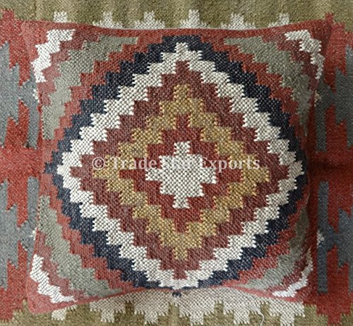 Trade Star Exports Indian Kilim Throw Pillow Cover 18x18, Jute Outdoor Cushions, Decorative Pillow Cases, Boho Cushion Cover, Pillow Shams