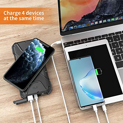 20,000mAh Solar Power Bank,18W PD & QC 3.0 Portable Solar Charger, 10W/7.5W/5W Fast Wireless Qi Battery Pack with 4 Outputs & 2 Inputs, IPX5 Waterproof, Built-in Compass and Flashlight