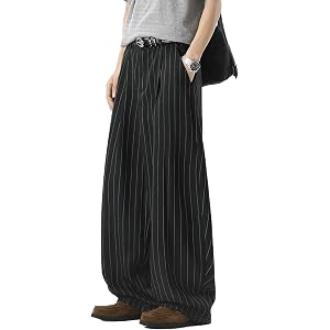 CliffAnt Men's Wide Leg Pinstripe Dress Pants, Relaxed Fit Elastic Waist Smart Casual Suit Trousers, Office Commuter Slacks