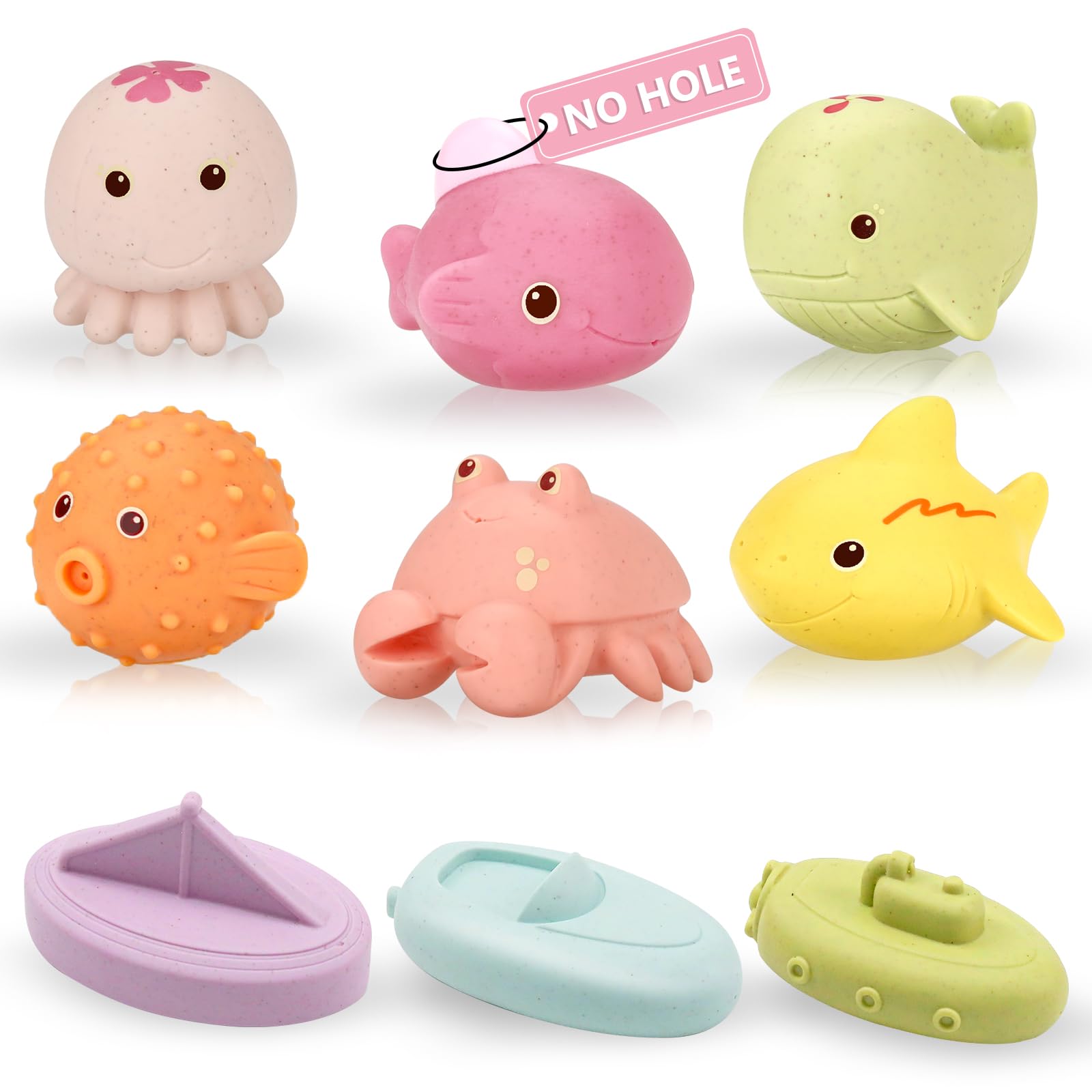 No Hole No Mould Baby Bath Toys, 9PCS Mould Free Sea Animal Toys for 1-4 Year Old Toddlers, Safe PVC Bath Toys for Boys and Girls, Sensory Toys for Bathtub, Pool and Beach