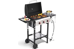 GRILL DEPOTS Propane Gas Grill with Folding Side Tables, 3-Burner Gas Grill with Cast Iron Grates and Stainless Steel Griddle Pan, Outdoor BBQ Grill Portable with Wheels 30000 BTU Output