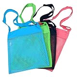 Colorful Mesh Beach Bags 11.4 x 13.7inch Breathable Sea Shell Bags with Adjustable Carrying Straps (4 PC Set)  [Blue, Pink, Green, and Black]