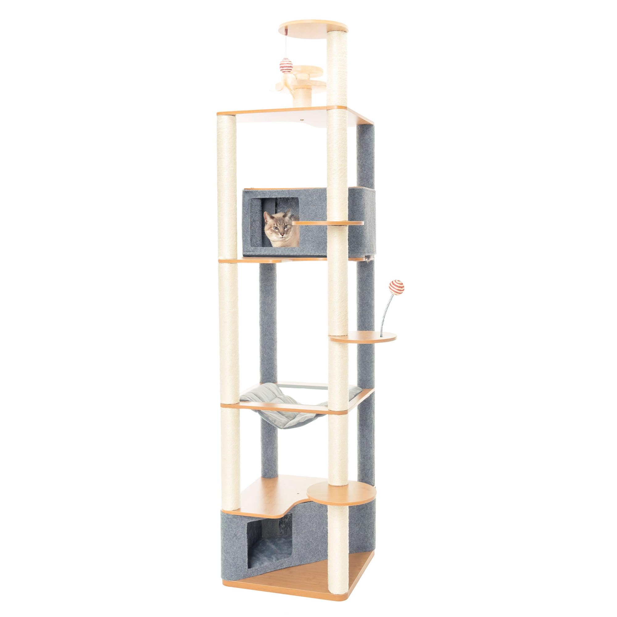 Ascentials - Grand Suite Cat Scratcher Playground - Tall Cat Tower Playground Structure, Sisal Scratching Areas, Grey Felt, Bamboo Veneer w/Linen & Velvet Surface Areas Image