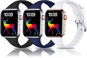 Laffav Slim Band Compatible with Apple Watch 40mm 38mm for Women Men, Soft Silicone Narrow Thin Sport Replacement Strap for iWatch SE & Series 6 & Series 5 4 3 2 1 (3P-Black/Blue/White, 38mm/40mm S/M)