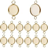 Beebeecraft 30Pcs Cabochon Connector 24K Gold Plated Stainless Steel Flat Round 10mm Blank Bezel Pendant Trays with Double Loop for Jewelry Making