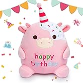 ZeffuLyne Happy Birthday Cow Stuffed Animal,8 Inch Cow Plush Birthday Gifts for Girls Baby Kids, Pink Stuffed Animal Pillows & Party Decor