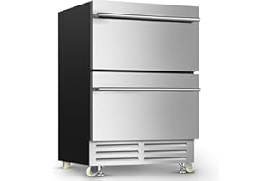 VELIVI 24 Inch Dual Drawer Fridge Under Counter with Wheels, Outdoor Beverage Refrigerator for Patio, Stainless Steel Weather-Proof, Freestanding or Built-In Installation, Ideal for Home and Commercial Use