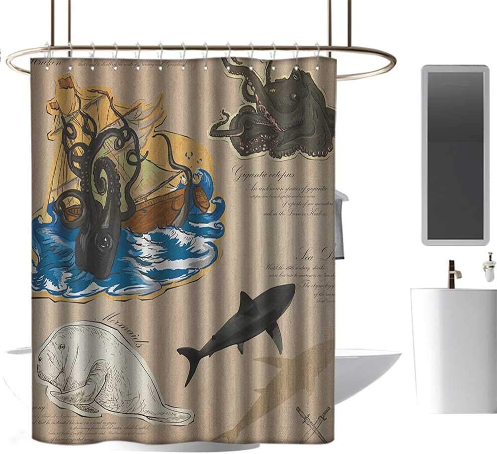 TimBeve Fabric Shower Curtain Mystic,Marine Monsters Collection Creatures Collage Kraken Octopus Sea Dog Mythical Animals, Multicolor,Waterproof Washable Antibacterial Bathroom Curtain 36"x72"
