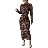 SHENHE Women's Leopard Print Mesh Sheer Long Sleeve Maxi Dress Ruched Bodycon Party Long Dress