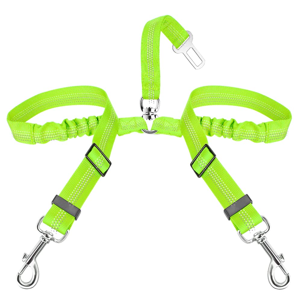 SlowTon Double Dog Seat Belt, Adjustable Elastic Dog Car Harness Seatbelt with Anti-Shock Bungee Buffer, Heavy Duty Reflective Puppy Cars Restraint Pet Safety Belts Clip