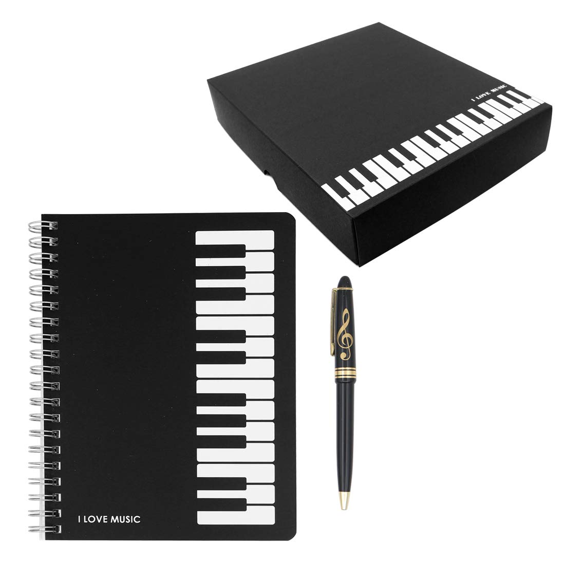 Adorable Music Piano Melody Theme Stationery Gift Box Set，1 Pcs Black Piano Musical Notes Notebook with 1 Pcs Treble Clef Design Roller Ball Pen (Piano Keyboard Style)