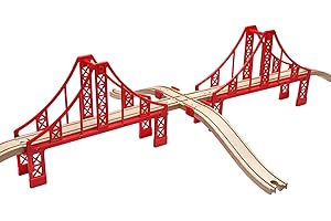 BUNU1492 Wooden Train Track Accessories Set, Double Big Red Suspension Bridges Set, Compatible with All Major Brands, Christmas Birthday Gift for Boys Girls, Train Toys Expansion Pack for Kids Ages 3+
