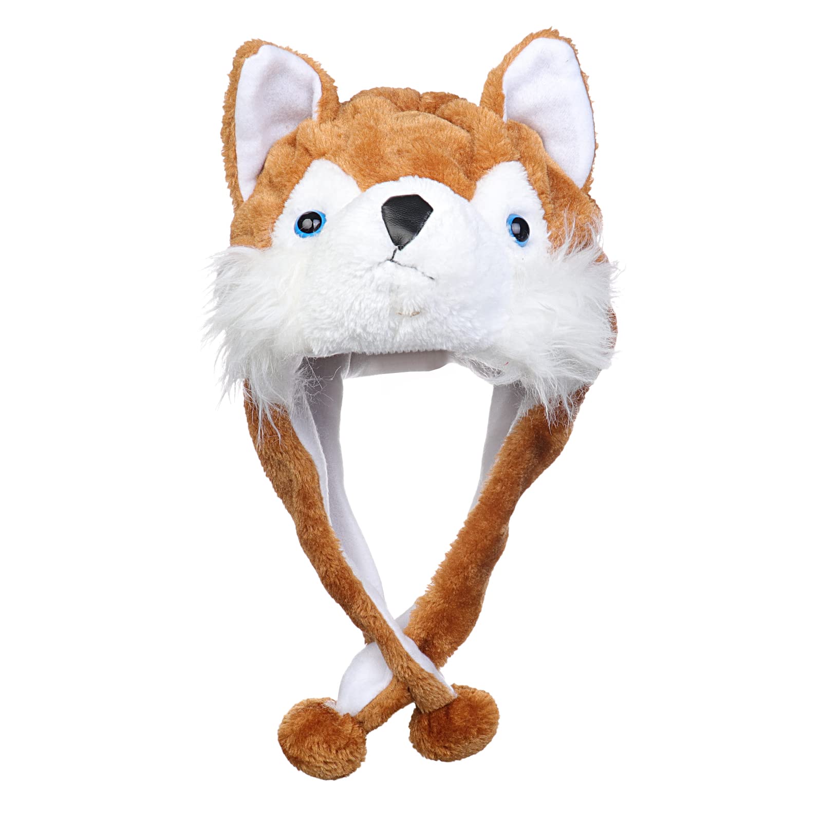 JK Home 2-in-1 Hat with Earflaps Scarf Set Cute Plush Animal Hat Cosplay Costume Headwear Warm Soft Cozy Hats for Kids Adults One Size Novelty Headgear Photo Props Brown White Wolf