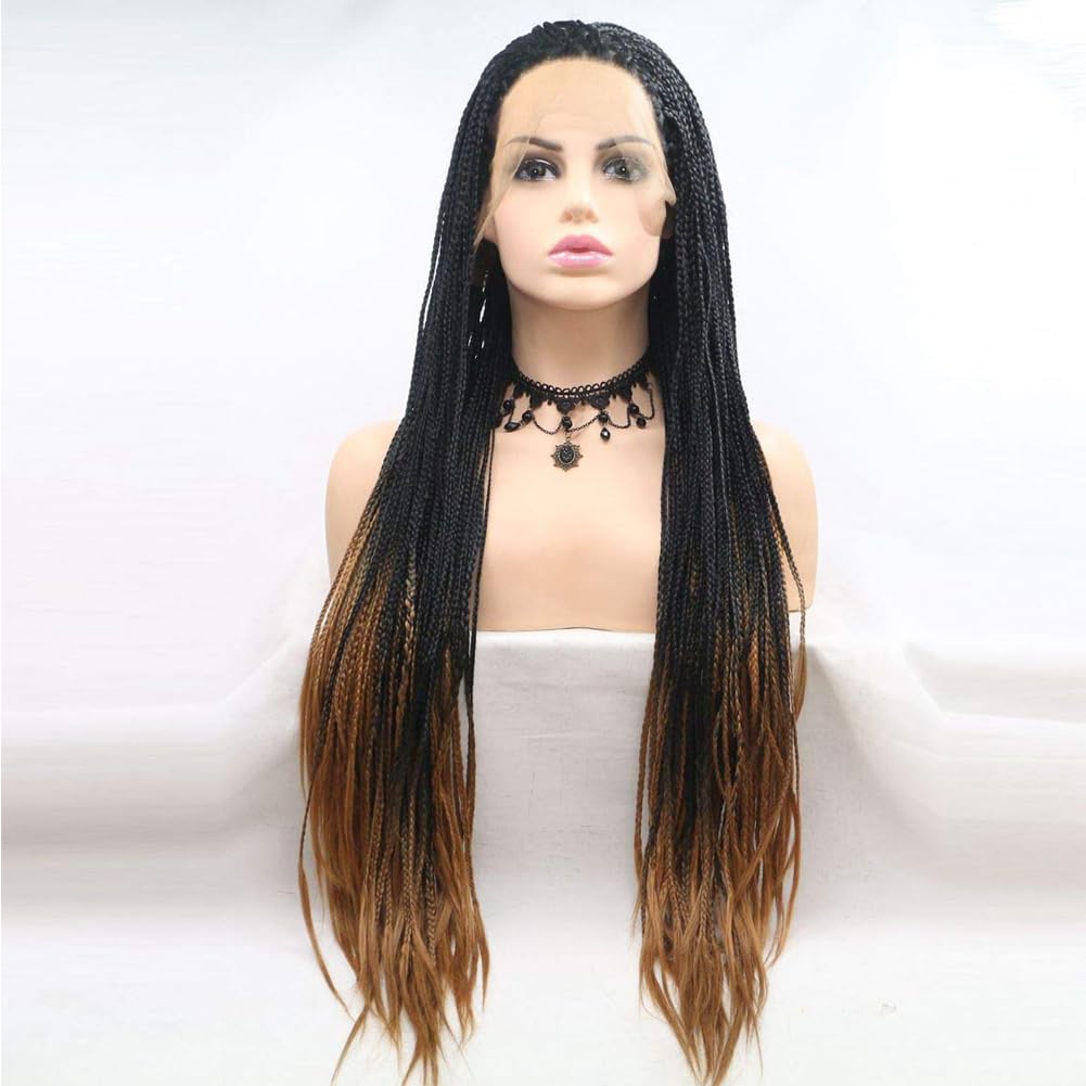 AFBeauty Black Brown Braids Wig Long Synthetic Black Omber Brown Micro Braided Lace Front Wig Heat Resistance Fiber Afro Braids for Women 26 Inch — image 1