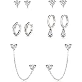 FANZE 5PCS Cubic Zirconia Stud Earrings Gold Sliver Chain Hoop Earring Sets for Women Hypoallergenic Dainty Jewelry for Multiple Piercing